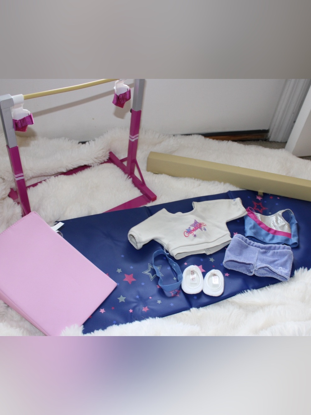 American Girl doll gymnastics set with balance beam, mat and rings